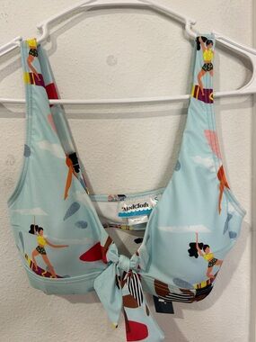 ModCloth Aqua Tie-Front Bikini Top with Retro Swimmer Print